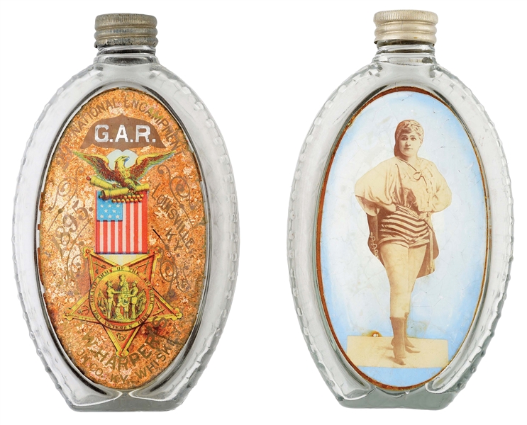 PAIR OF 2: LABEL UNDER GLASS ALCOHOL FLASKS.