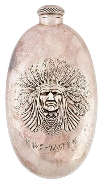 SILVER "FIRE-WATER" WHISKEY FLASK W/ AMERICAN INDIAN CHIEF. 