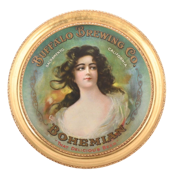 ROUND CONCAVED "BUFFALO BREWING CO.BOHEMIAN" TIN SIGN IN FRAME.