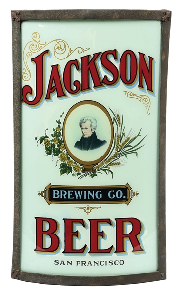 JACKSON BEER BREWING CO., SAN FRANCISCO REVERSE PAINTED GLASS CORNER SIGN W/ ANDREW JACKSON GRAPHIC.