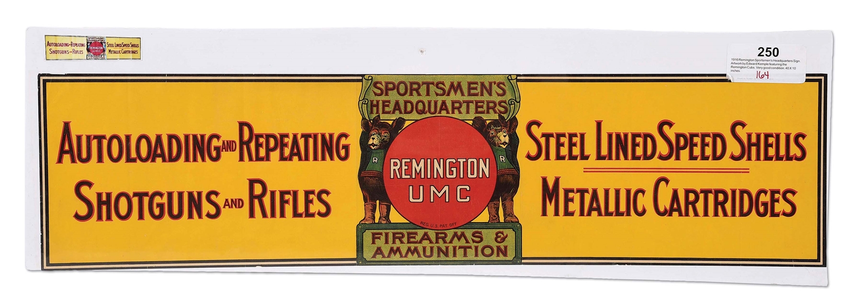 1916 REMINGTON SPORTSMENS HEADQUARTERS SIGN.