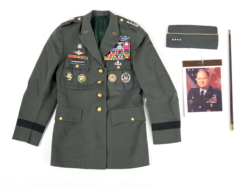 GENERAL NORMAN SCHWARZKOPF UNIFORM IMPRESSION WITH SIGNED PHOTO.