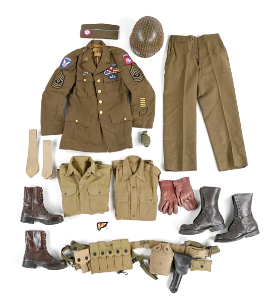 US WWII 82ND AND 11TH AIRBORNE UNIFORM, HELMET, AND GEAR.