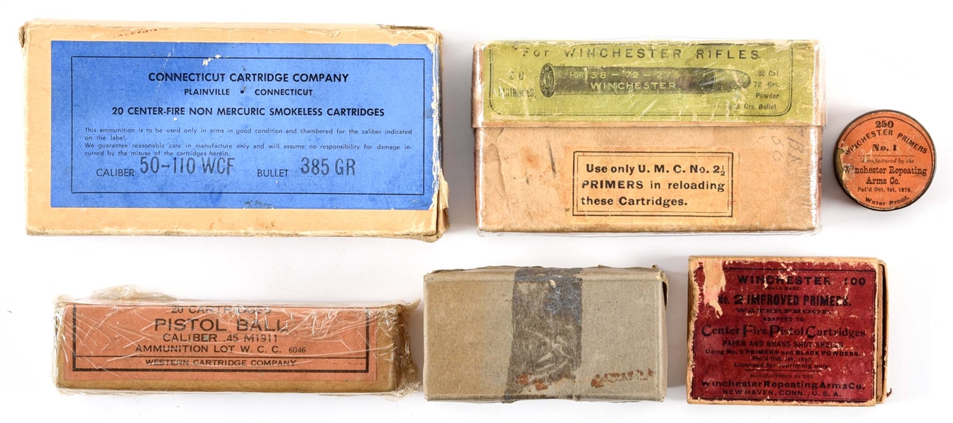 LOT OF 6: WINCHESTER AMMUNITION AND BOXES.