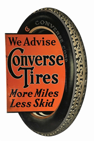 RARE CONVERSE TIRES TIN SERVICE STATION FLANGE SIGN W/ TIRE GRAPHIC. 