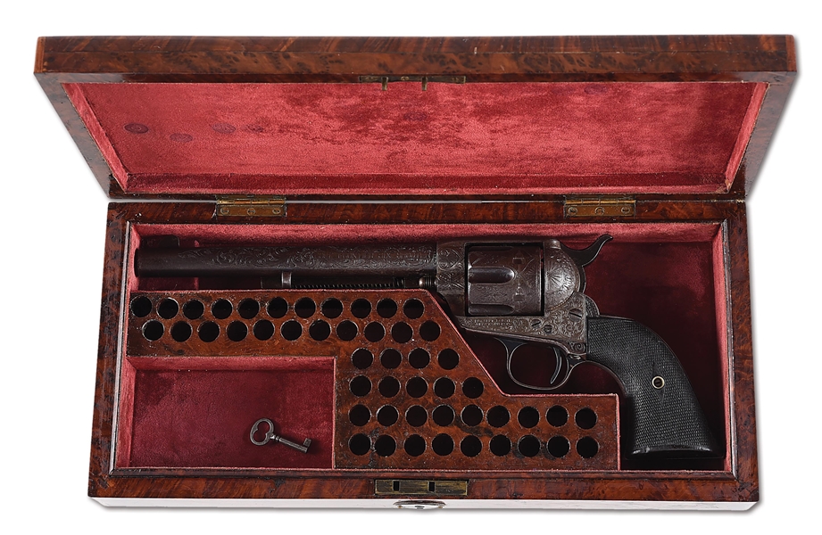 (A) FACTORY ENGRAVED COLT SINGLE ACTION FRONTIER SIX SHOOTER REVOLVER WITH CASE.