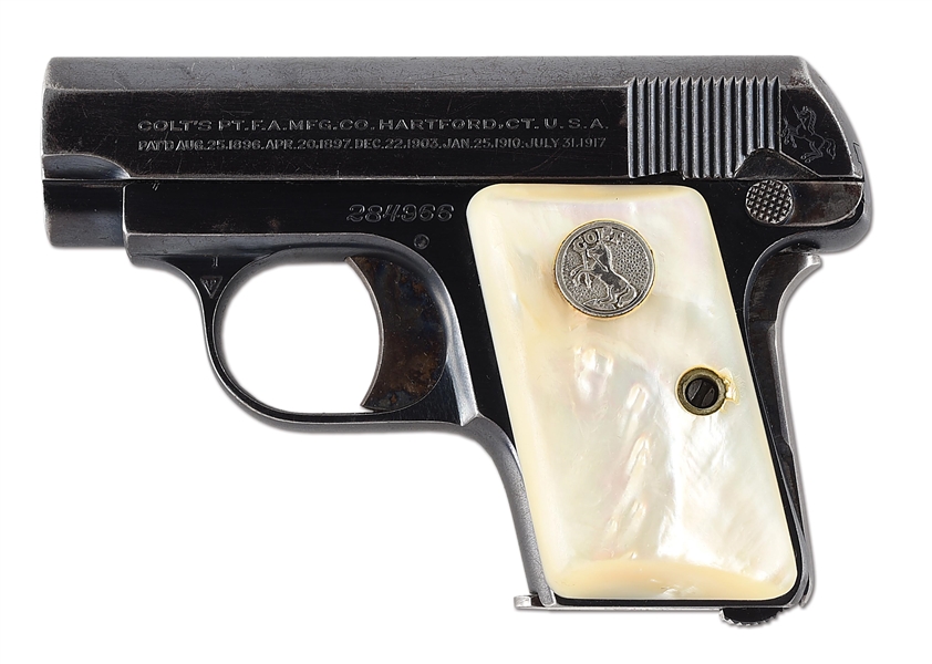 (C) COLT MODEL 1908 VEST POCKET SEMI AUTOMATIC PISTOL WITH PEARL GRIPS.