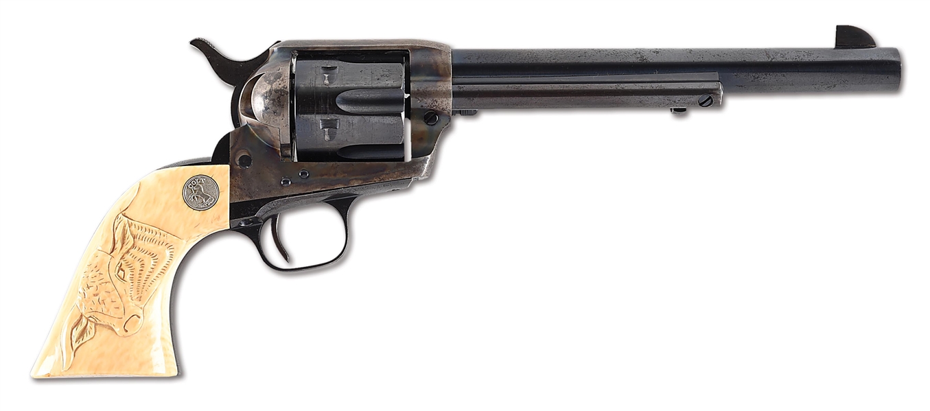 (C) COLT SINGLE ACTION ARMY REVOLVER WITH STEER HEAD CARVED IVORY GRIPS.