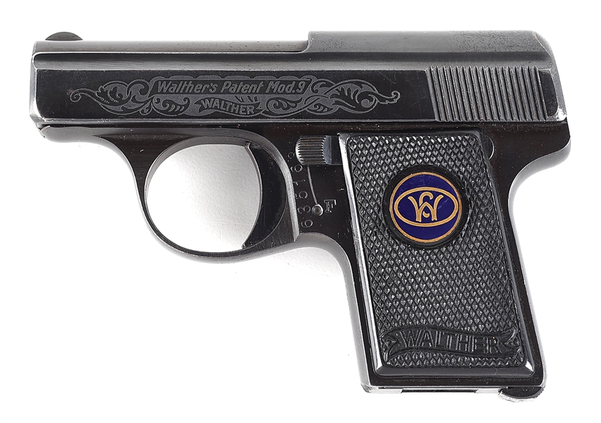 (C) FACTORY EMBELLISHED WALTHER MODEL 9B SEMI AUTOMATIC PISTOL.