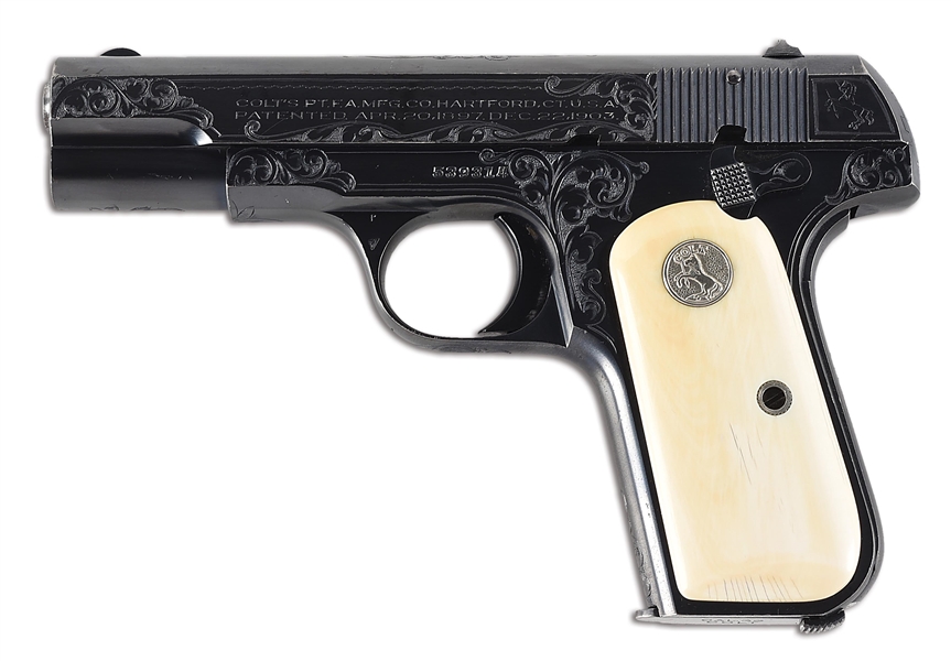 (C) FACTORY ENGRAVED COLT MODEL 1903 POCKET HAMMERLESS SEMI AUTOMATIC PISTOL.