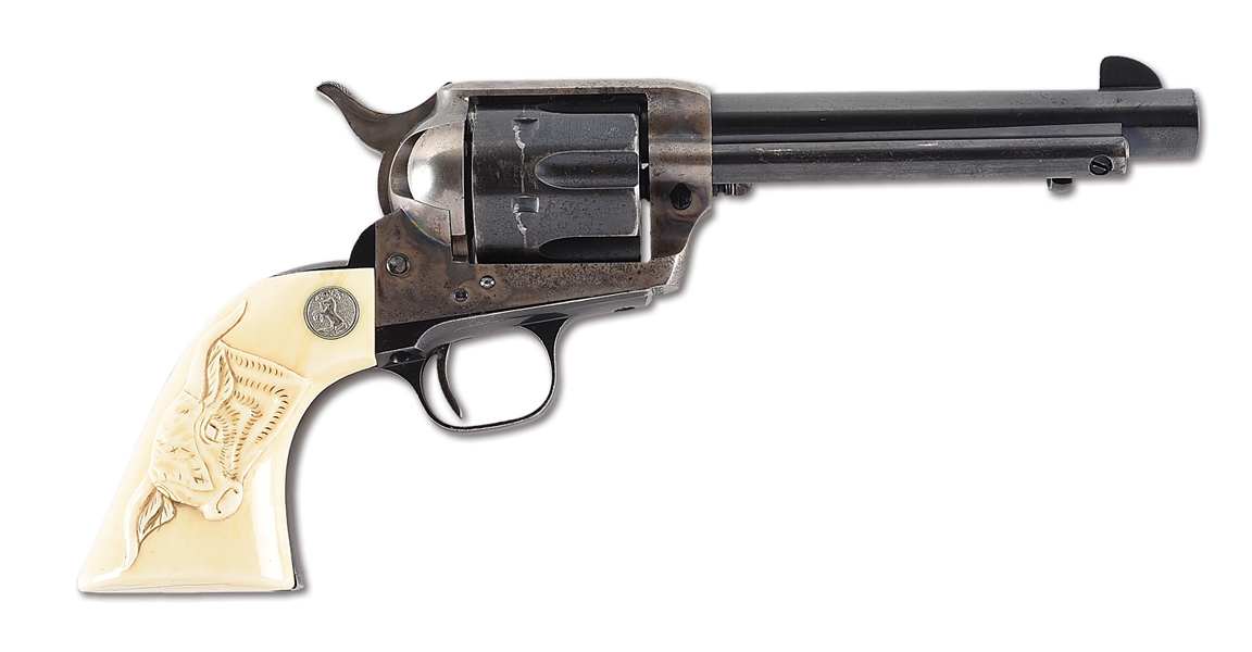 (C) COLT SINGLE ACTION ARMY WITH FACTORY STEER HEAD CARVED IVORY GRIPS.