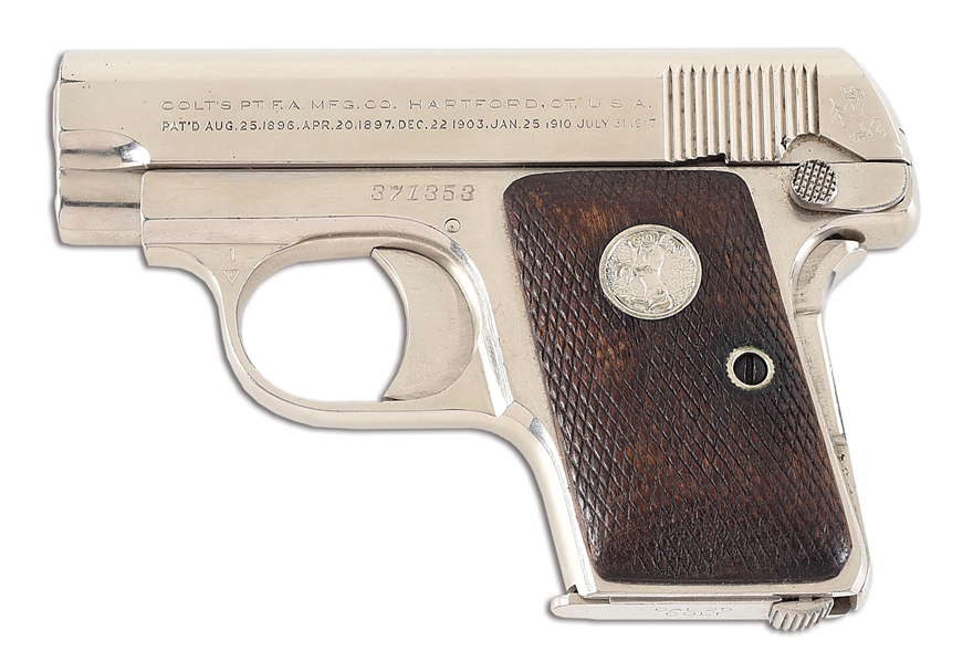 (C) NICKEL COLT MODEL 1908 VEST POCKET SEMI AUTOMATIC PISTOL.