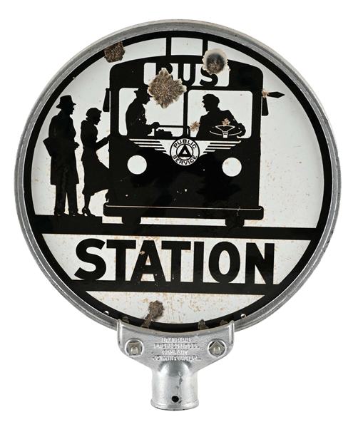 BUS STATION PORCELAIN LOLLIPOP SIGN W/ BUS GRAPHIC.