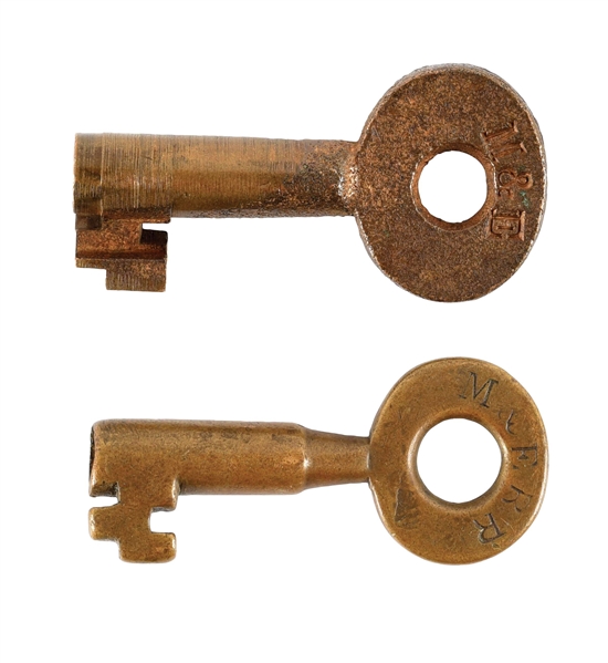 LOT OF 2: M&E BRASS RAILROAD KEYS.