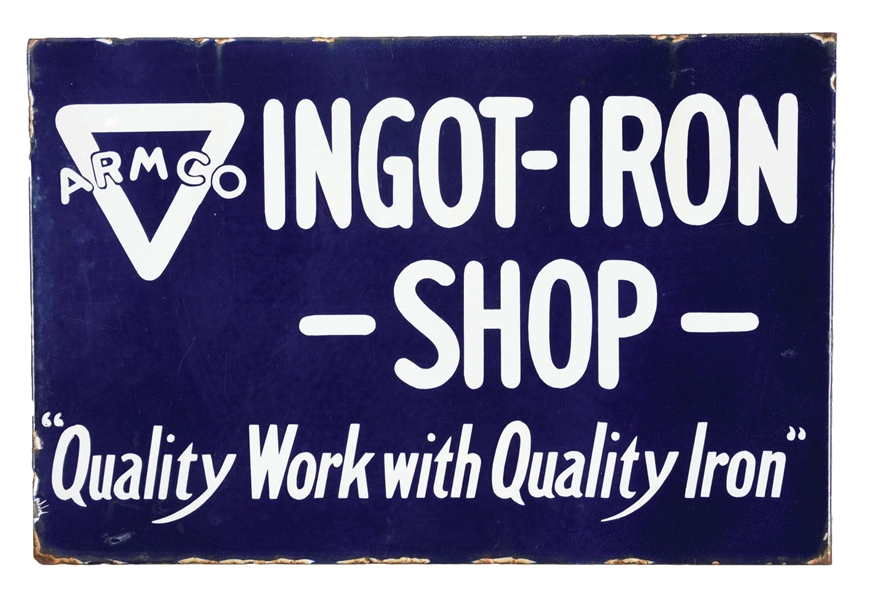 ARMCO INGOT-IRON SHOP PORCELAIN FLANGE SIGN.