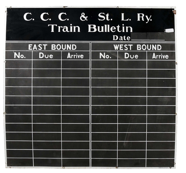 C.C.C. & ST. L.RY TRAIN BULLETIN DATE PORCELAIN CHART SIGN.