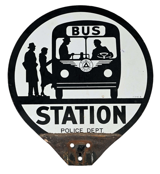 BUS STATION POLICE DEPARTMENT PORCELAIN SIGN W/ BUS GRAPHIC.