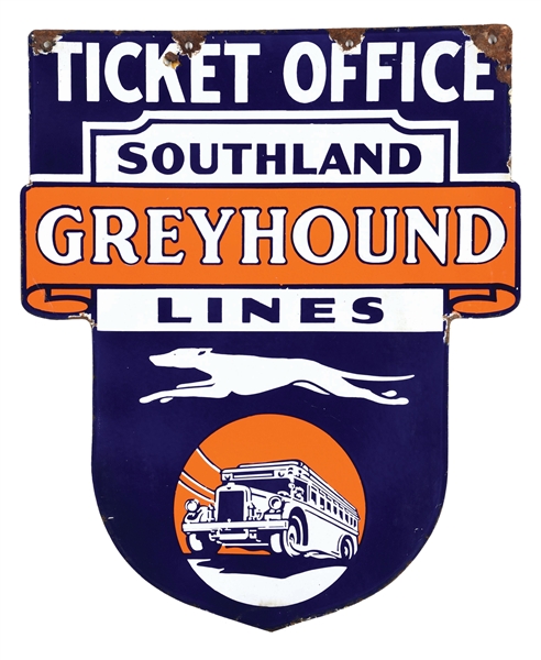 PORCELAIN GREYHOUND BUS LINES TICKET OFFICE SIGN W/ BUS & GREYHOUND GRAPHICS.