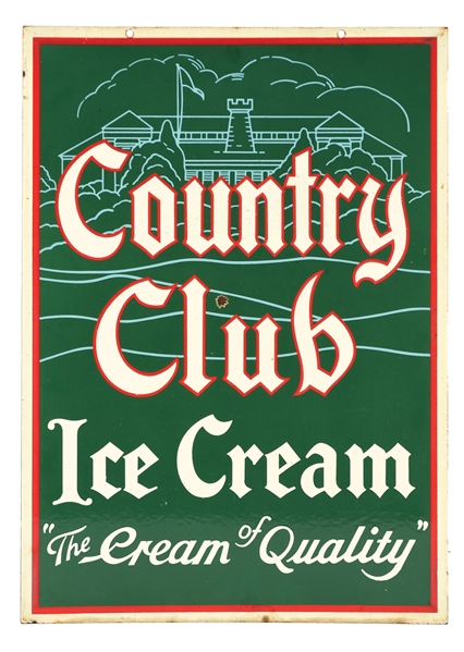 DOUBLE-SIDED PORCELAIN COUNTRY CLUB ICE CREAM SIGN W/ CLUBHOUSE GRAPHIC.