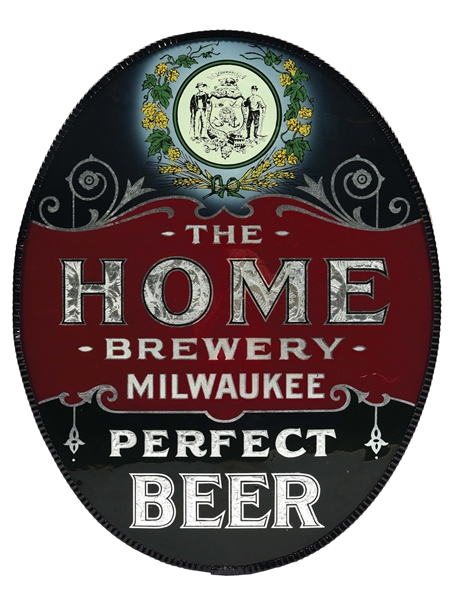 THE HOME BREWERY MILWAUKEE REVERSE PAINTED GLASS OVAL SIGN.