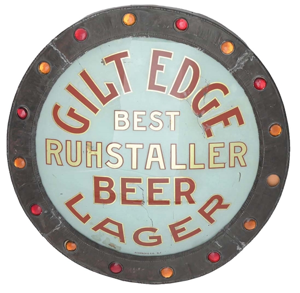 CONVEX "GILT EDGE BEER" REVERSE GLASS SIGN W/ REFLECTIVE JEWELS.