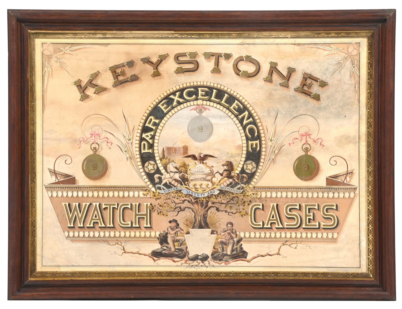 PAPER KEYSTONE WATCH CASES ADVERTISING SIGN W/ CUSTOM FRAME.