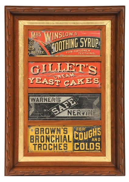 COLLECTION OF 4 TIN ADVERTISING SIGNS W/ CUSTOM FRAME.