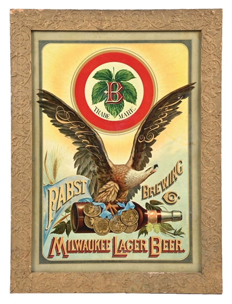 PABST BREWING MILWAUKEE LAGER BEER W/ EAGLE AND BOTTLE GRAPHIC IN FRAME.