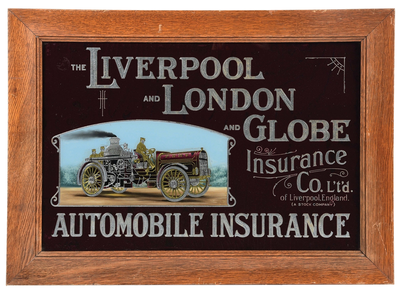 REVERSE ON GLASS "LIVERPOOL, LONDON, GLOBE INSURANCE" SIGN W/ EARLY CAR GRAPHIC.