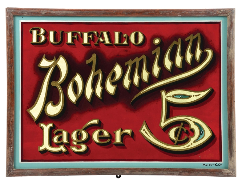 REVERSE ON GLASS "5¢ BUFFALO BOHEMIAN LAGER" SIGN W/ SELF FRAME.