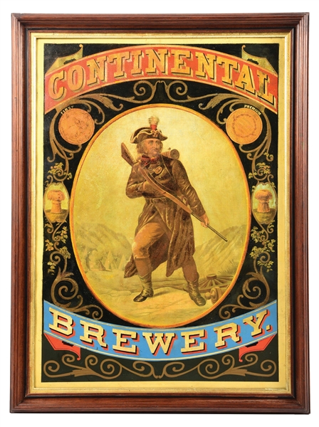 TIN CONTINENTAL BREWERY SIGN W/ HUNTER GRAPHIC.