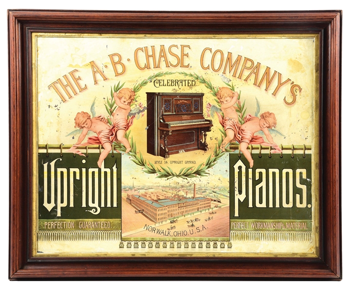 TIN "THE A.B. CHASE COMPANYS UPRIGHT PIANOS" SIGN W/ PIANO GRAPHIC.