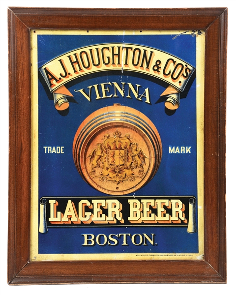 TIN "A.J.HOUGHTON & CO." LAGER BEER SIGN W/ KEG GRAPHIC.