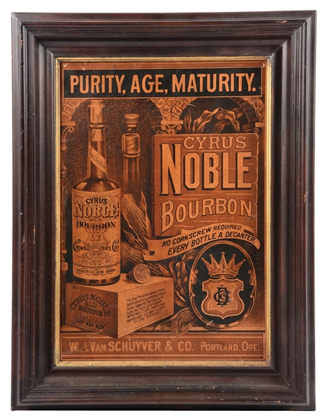 TIN "CYRUS NOBLE BOURBON" LITHOGRAPH SIGN W/ CUSTOM FRAME.