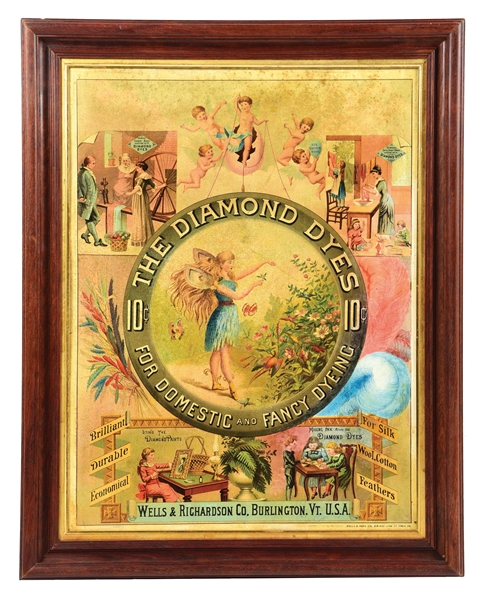 TIN "THE DIAMOND DYES" SIGN W/ VICTORIAN ERA GRAPHIC.