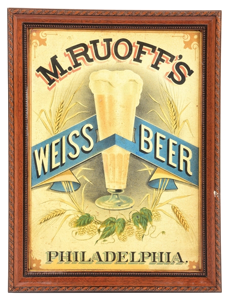 TIN "M.RUOFFS" WEISS BEER SIGN W/ WHEAT GRAPHIC AND CUSTOM FRAME.
