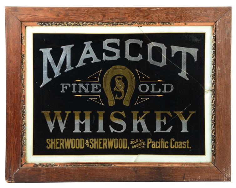 REVERSE ON GLASS "MASCOT WHISKEY" SIGN W/ HORSESHOE GRAPHIC.