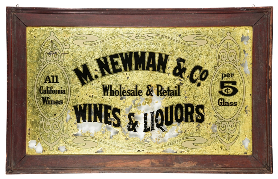 LARGE REVERSE-ON-GLASS M. NEWMAN & CO. WINES & LIQUORS SIGN.