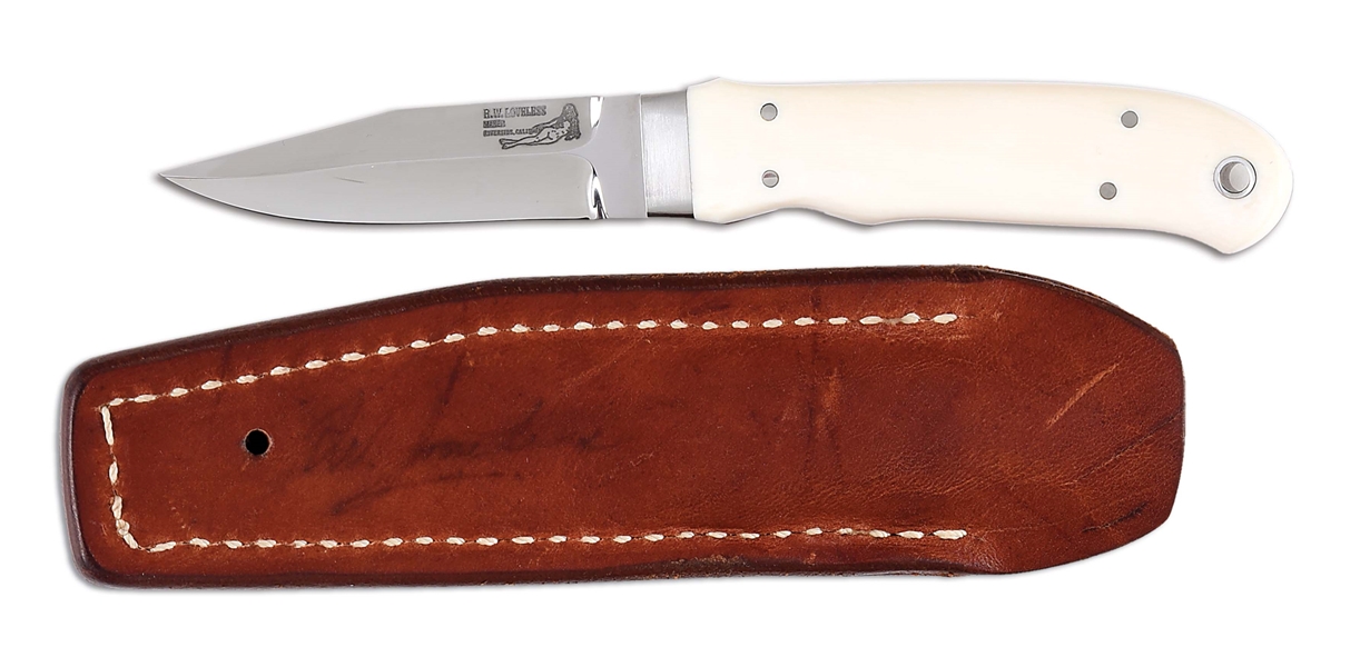 DESIRABLE DOUBLE NUDE LOGO R.W. LOVELESS NEW YORK SPECIAL CUSTOM KNIFE WITH IVORY GRIPS AND SHEATH.