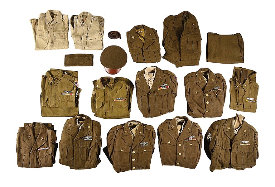 LARGE LOT OF US WWII USAAF UNIFORMS WITH INSIGNIA.