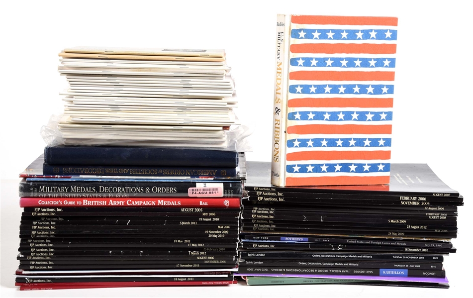LARGE LOT OF MILITARY MEDAL AND INSIGNIA CATALOGS AND REFERECE BOOKS.