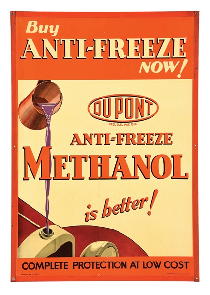 CARDBOARD DUPONT METHANOL ANTIFREEZE SIGN W/ POURING OIL GRAPHIC.