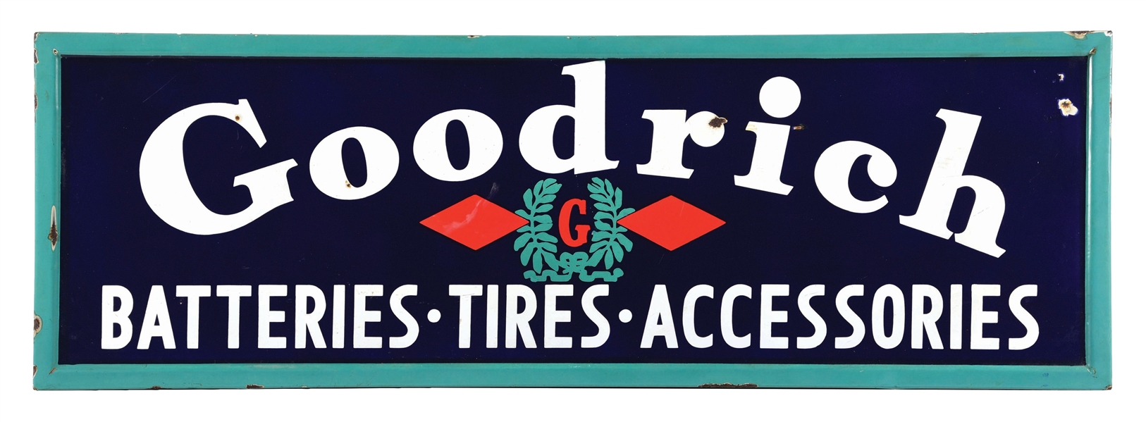 PORCELAIN GOODRICH TIRES SIGN W/ LOGO GRAPHIC.