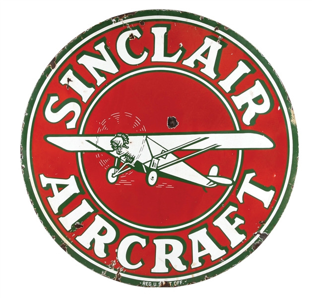 SINCLAIR AIRCRAFT PORCELAIN SIGN W/ ICONIC AIRPLANE GRAPHIC.