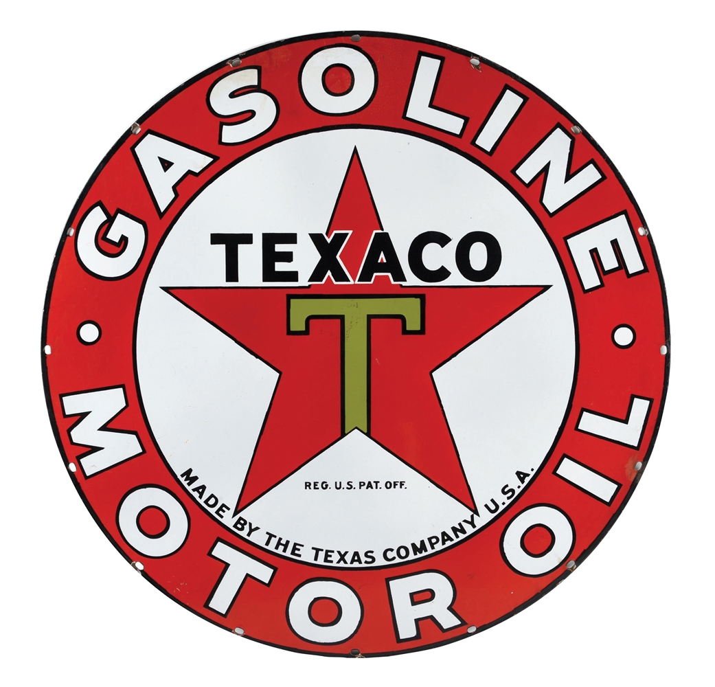 TEXACO GASOLINE MOTOR OIL PORCELAIN SIGN W/ BLACK "T" LOGO.