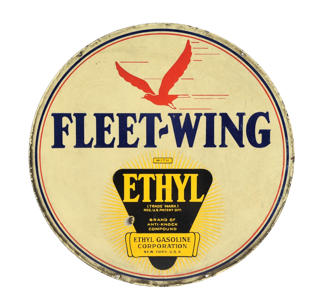 FLEET-WING WITH ETHYL PORCELAIN CURB SIGN W/ BIRD GRAPHIC.