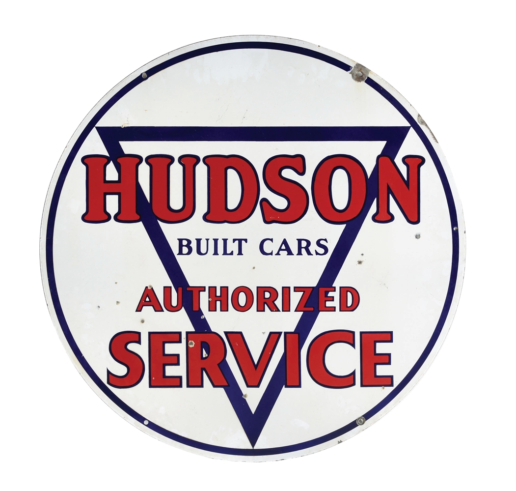 HUDSON BUILT CARS AUTHORIZED SERVICE PORCELAIN SIGN W/ VIVID COLORS & GOOD SHINE.