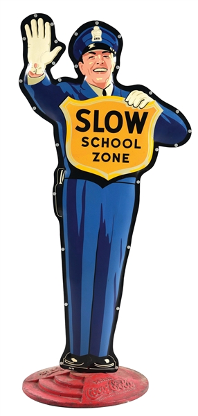 COCA-COLA SLOW SCHOOL ZONE TIN CURB SIGN W/ ORIGINAL BASE.