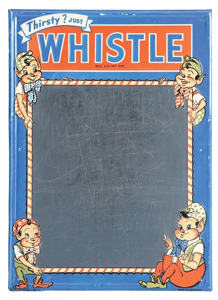 WHISTLE EMBOSSED TIN CHALKBOARD SIGN W/ ELF GRAPHICS.