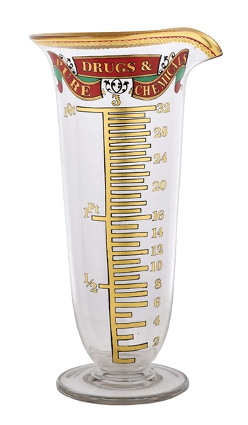 LARGE DECORATIVE DISPLAY BEAKER WITH GRADUATED SCALE ADVERTISING PURE DRUGS & CHEMICALS.
